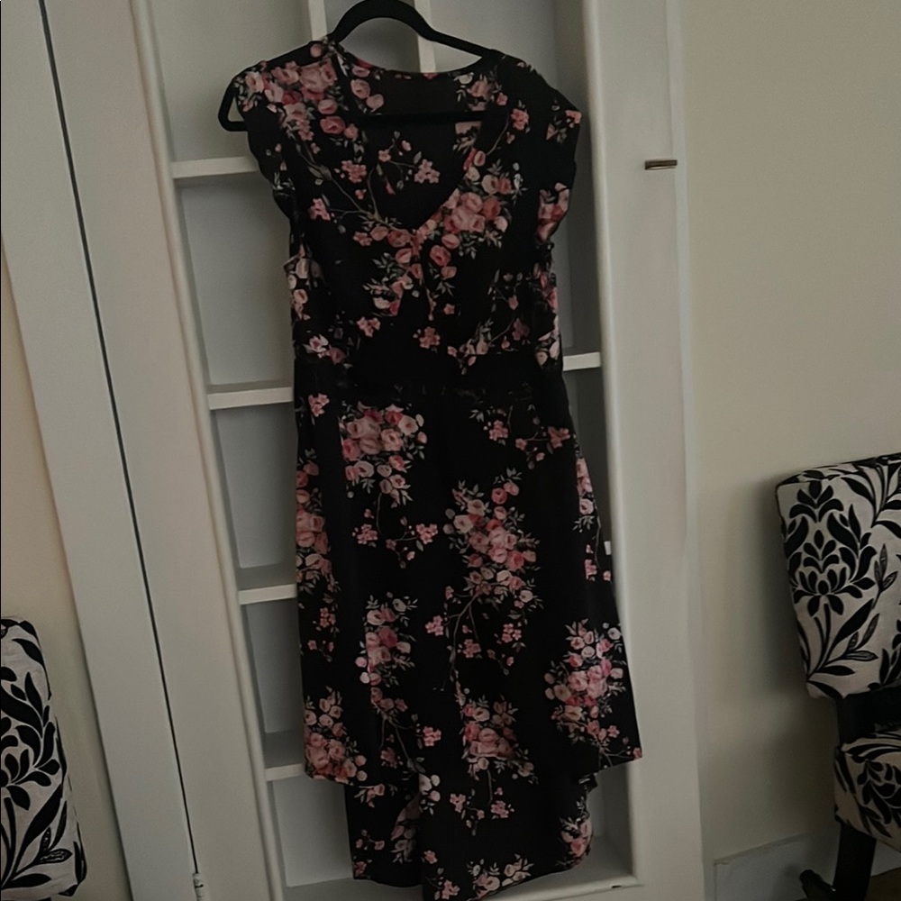 SHEIN Black Pink Floral Midi Dress with Flutter Sleeves for Cocktail
